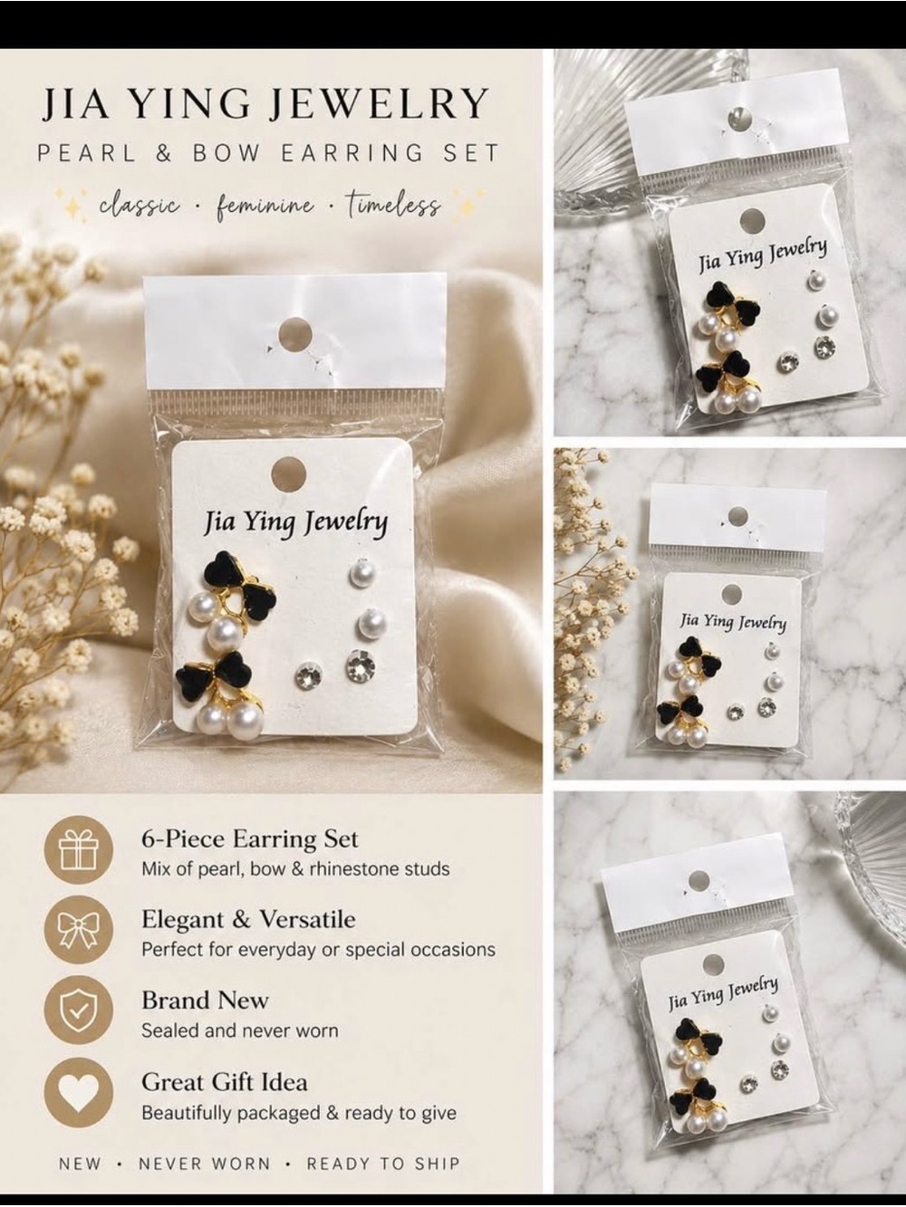 NWT 3 Pair/Pearl, Studs, and Black Bow 6-Piece Earring Set OS